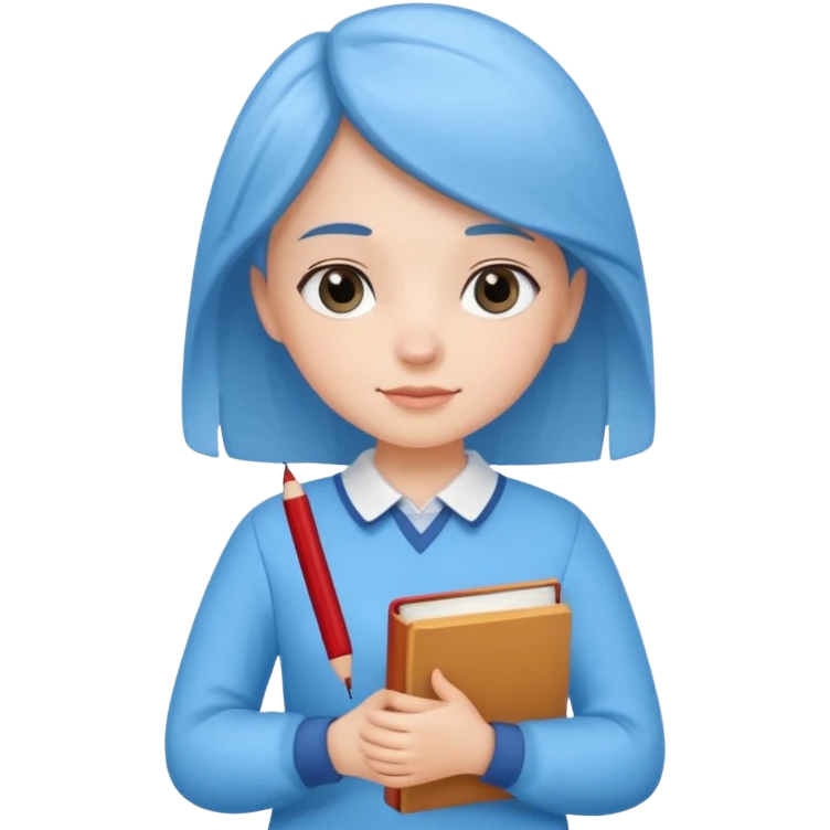 cute girl, glass, smart, Sky-blue colored clothing,
holding a book in one arm and a pen in the other hand. emoji