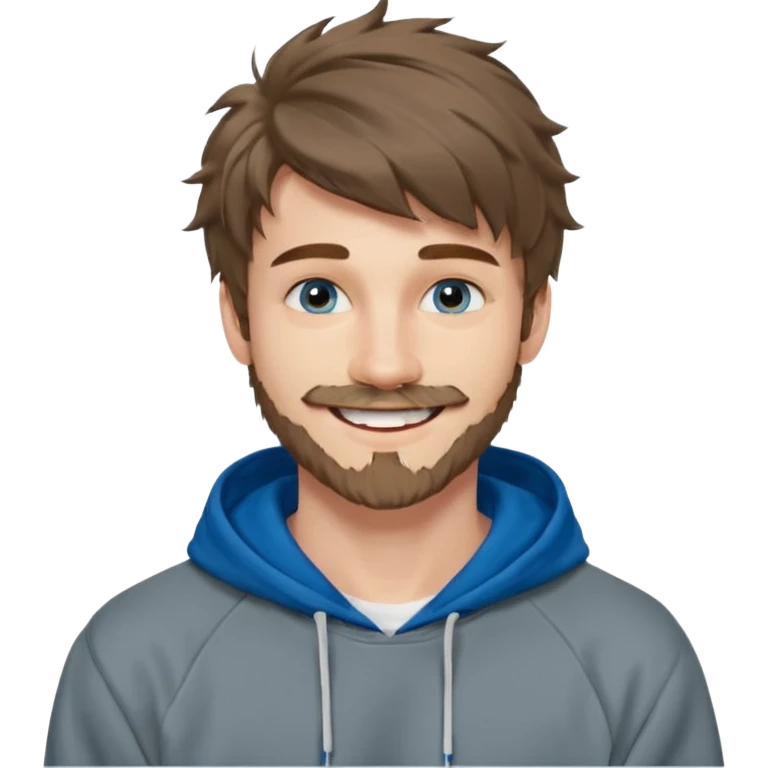 20 year old man, short scruffy beard and thin moustache, brown puffy mullet, blue eyes, big smile, white teeth, big lips, pronounced jaw, hair longer in back, sticking up on top, thin face, grey hooded sweatshirt, pale skin, big smile, blue eyes, puffy hair that is long in back emoji