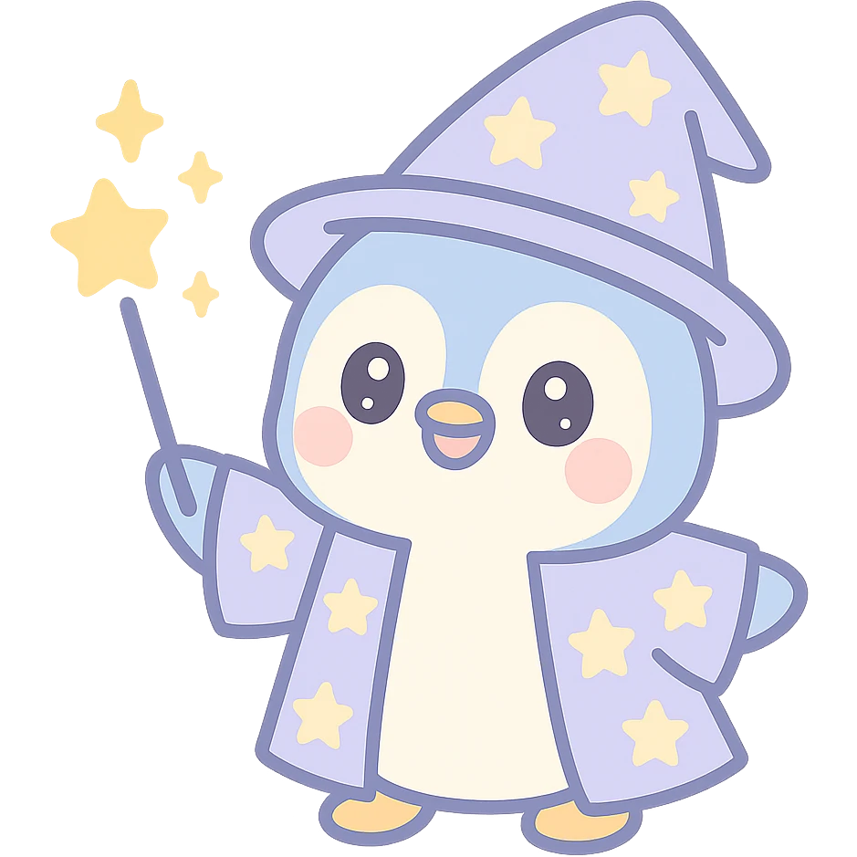 a cute penguin wizard casting a spell, wearing a starry robe and holding a wand emoji