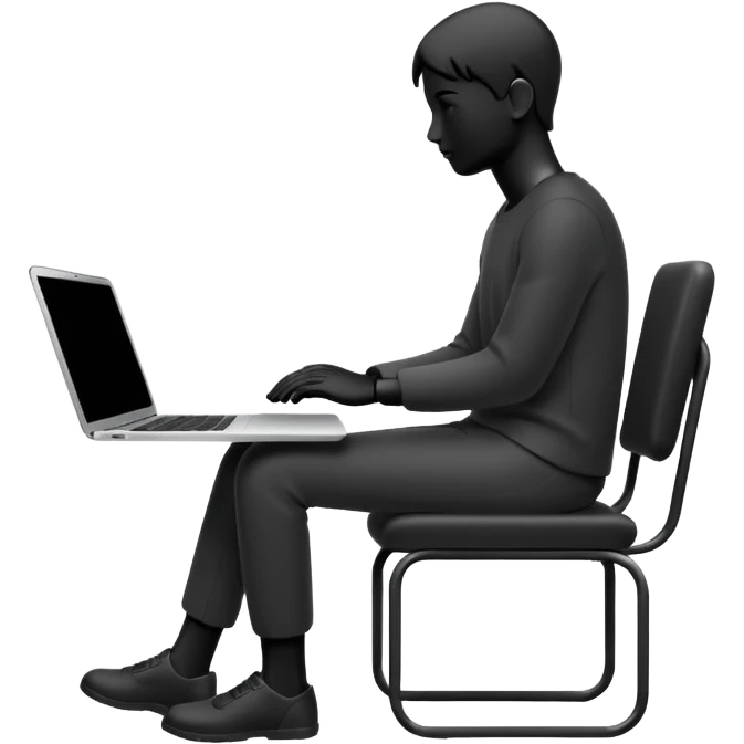Minimalistic flat vector icon, iOS style, thin black contour on white background. Person silhouette sitting with a laptop, code brackets <> on the screen. Clean, no te emoji