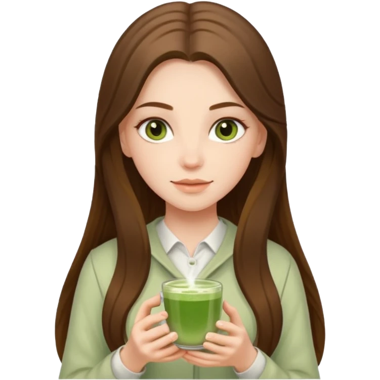white long brunette hair girl with hazel eyes wearing light who is holding matcha emoji