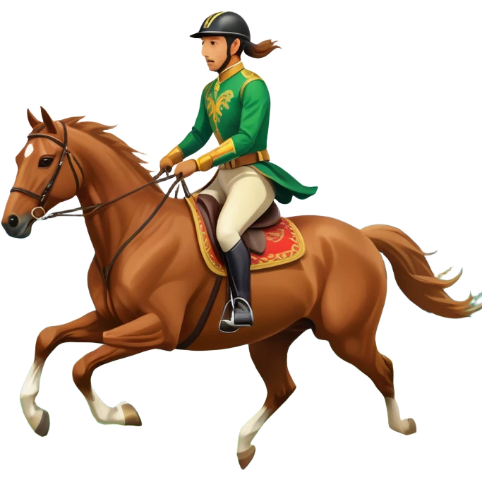 An icon showcasing a majestic horse and rider in full gallop across a lush green field. The background features a clear sky, distant mountains, and a vibrant landscape. The rider wears traditional gear, while the horse leaps with grace and power. Transparent background emoji