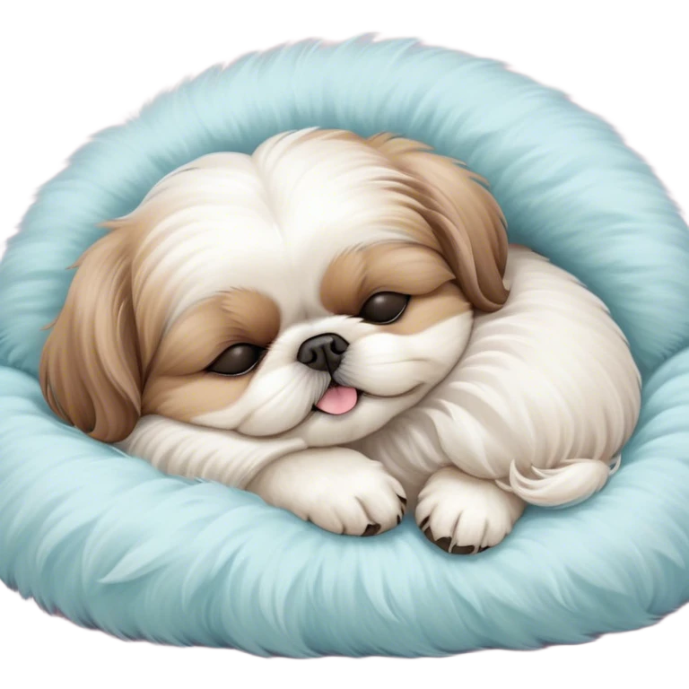 Meme-Worthy Cute Sleeping Shih Tzu Portrait Emoji, Head resting peacefully with a tender, contented smile and eyes delicately closed in serene slumber, showcasing a luxuriously fluffy fur in soft pastel tones, simplified yet irresistibly adorable, highly detailed, glowing with a warm, drowsy radiance, high shine, exuding calm, cozy charm, styled with a gentle, soft glowing outline, capturing the essence of a sleeping Shih Tzu that radiates utterly adorable, sleepy bliss! emoji