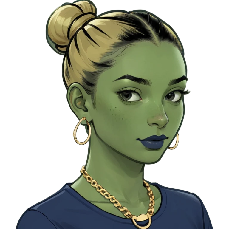 A girl with brown hair in a slick back bun  a gold necklace and earrings freekals shirt with small navy blue stripes and jeans  emoji