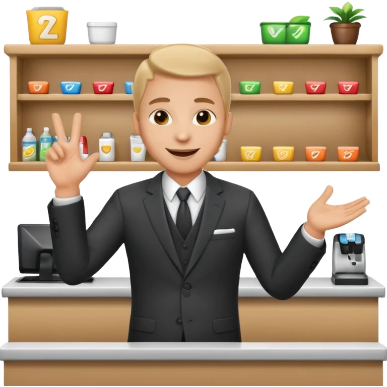 friendly salesman at a counter gesturing to a product emoji