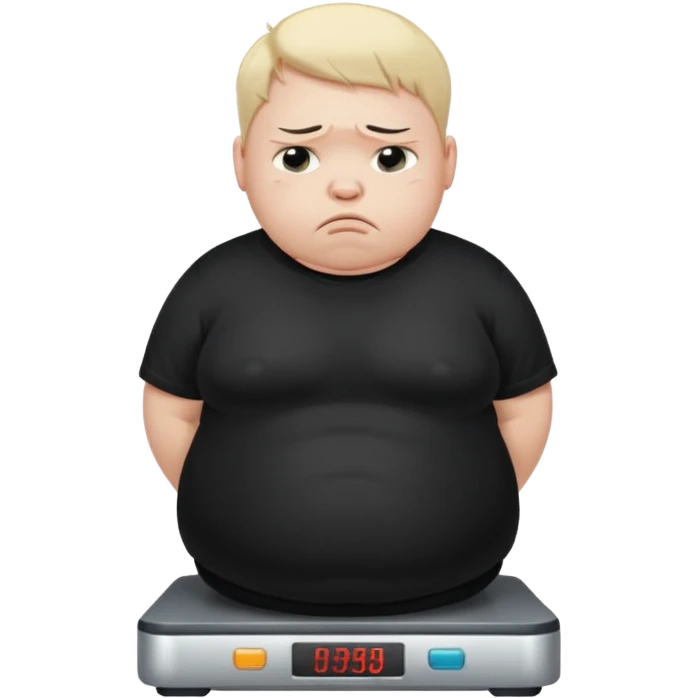 sad fat young boy in black t shirt crying on weight scale  emoji
