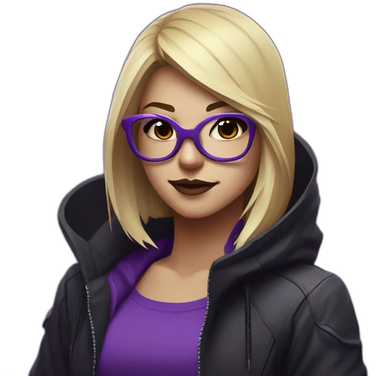 Girl blond developer with round glasses left side behind his laptop with this style: Valorant Riot Game purple character purple black hooded hacker  emoji