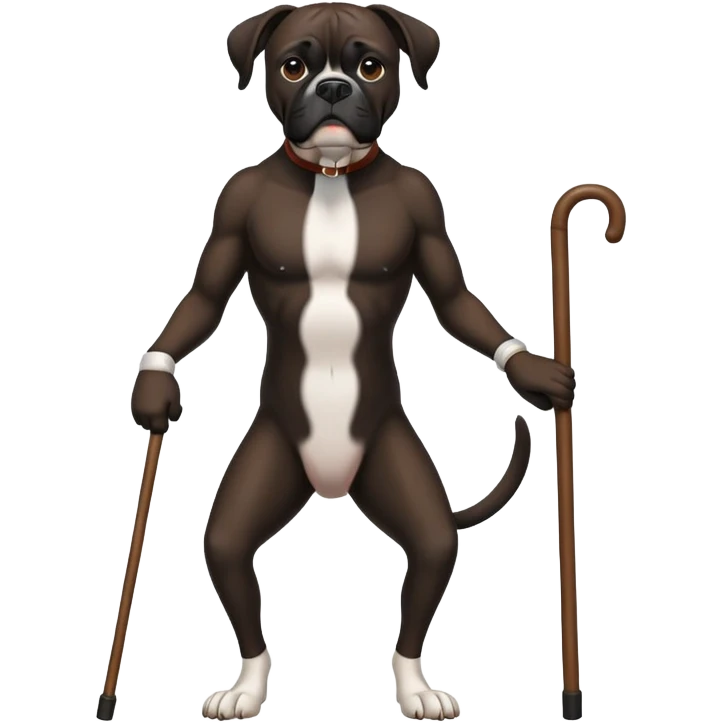 Elderly dark black boxer dog standing on hind 2 legs using a cane emoji