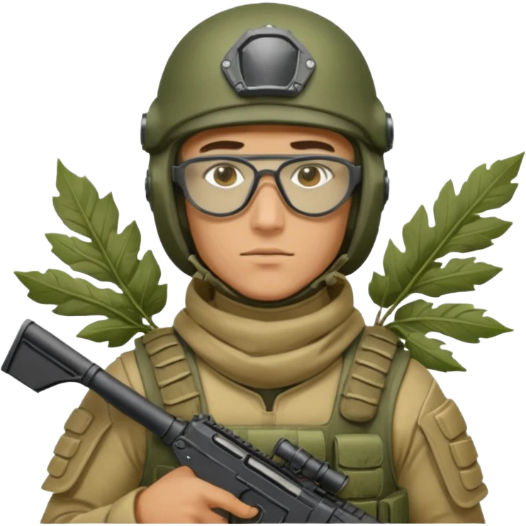 Ukrainian Intelligance agency warrior man in Ferro concept platecarrier with CZ BREN 2 riffle in helmet TOR-D, balaclava, poncho with leafs and ballistic assult glasses emoji