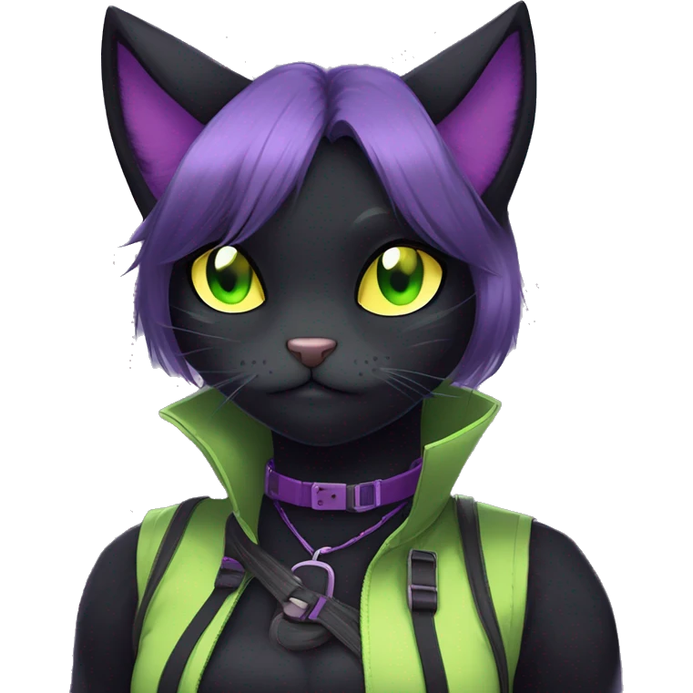 Gorgeous furry gothic dark techwear anime style anthro black cat furry sona Fakemon with blushing face yellow-green eyes with ponytail, aesthetic and pretty edgy black with violet collar and harness trending style emoji