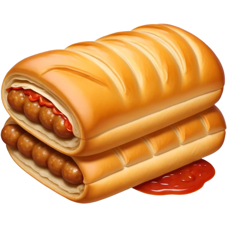 cinematic-realistic-sausage-roll-dish-emoji,-depicted-with-a-crisp,-golden-pastry-wrapped-around-flavorful-sausage,with a squeeze of tomatoe sauce on top emoji