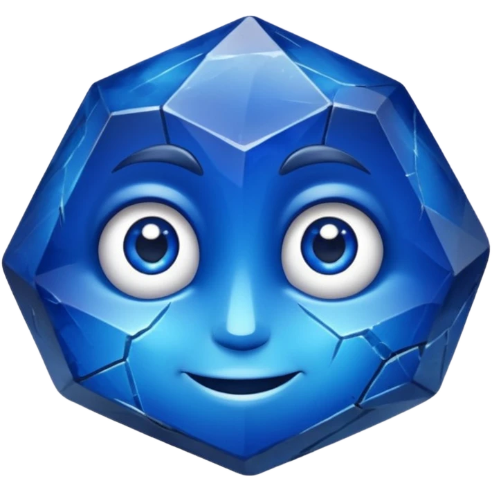 A single sapphire-blue faceted rock head, chunky and worn, with a few visible cracks and chipped facets but still shiny, big kind eyes and a confident smile, 3 emoji