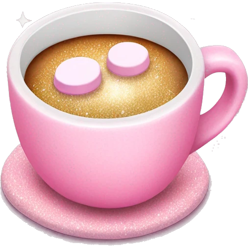 Cute pink cup of coffee with marshmallows and glitter emoji