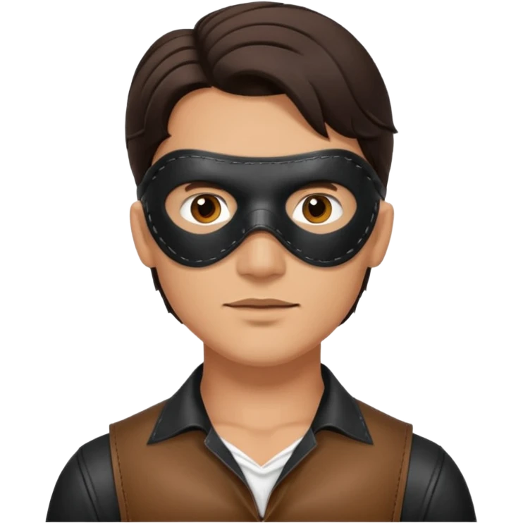 brunette man with leather eye mask and leather halter neck blouse emoji