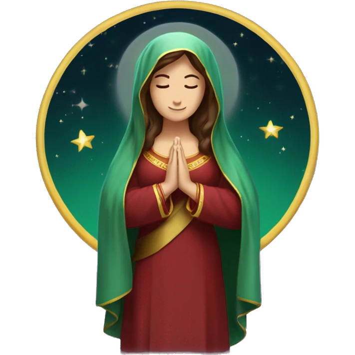 Virgin Mary: kind face looking down at the left, long brown hair, Wearing an emerald green  robe with gold stars and a burgundy red dress,  Hands in prayer or blessing. Halo around her head. standing on a crescent moon.  emoji