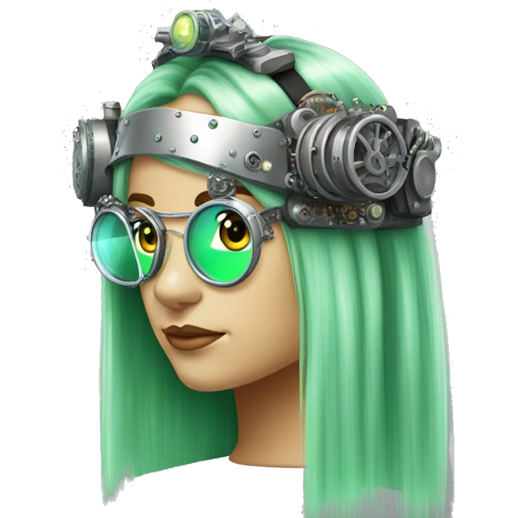 Light green long hair female cyborg head with silver steampunk headband goggles, circuits emoji