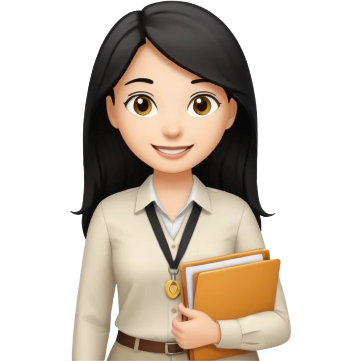 a light tan woman with long black hair past mid-back, round brown eyes, with folders in her hands. she has a id lanyard on and white professional blouse. emoji