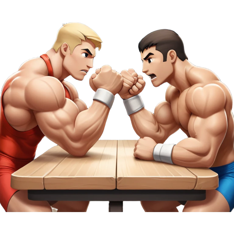Two strong competitors locked in an intense arm wrestling match, muscles tensed as they battle for victory. The table is well-lit, showcasing their focused expressions and powerful arm grips. The background features a competitive arena with a cheering crowd. Transparent background. emoji