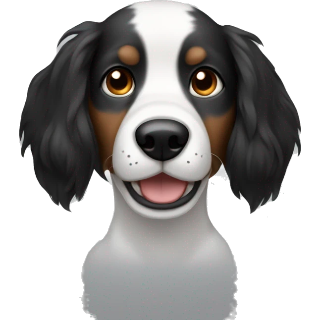 Black and white dog with long hair and brown eyes and big ears dmiling emoji