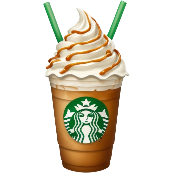A 3D cartoon Starbucks Frappuccino cup with whipped cream and caramel drizzle, frosty texture, green straw, transparent cup with logo, soft cool lighting, Memoji-style. emoji