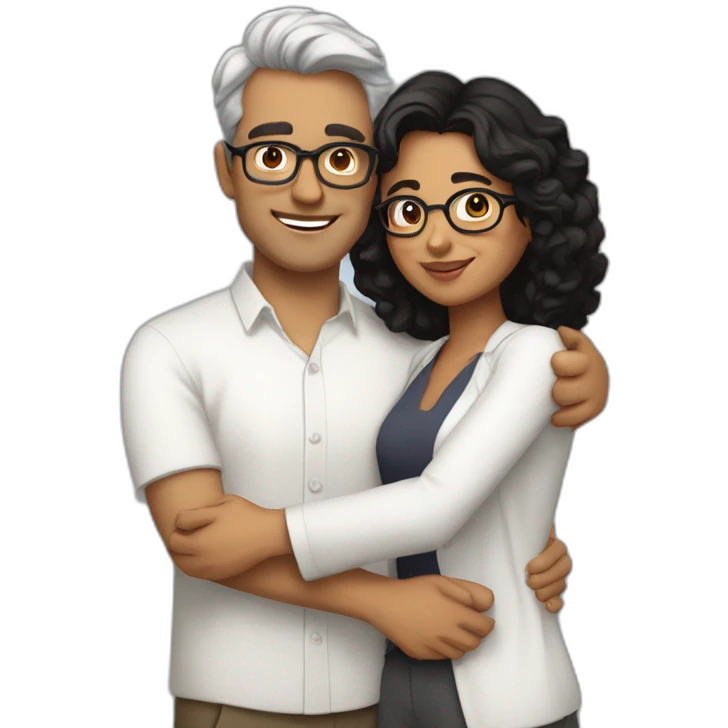 Indian woman with medium curly hair hugging a tall white man with black hair and glasses in a white shirt emoji