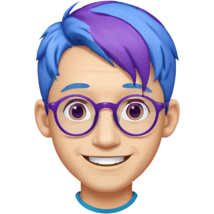 blue haired man mid length with big ears and purple earrings and spectaclesi happy emoji