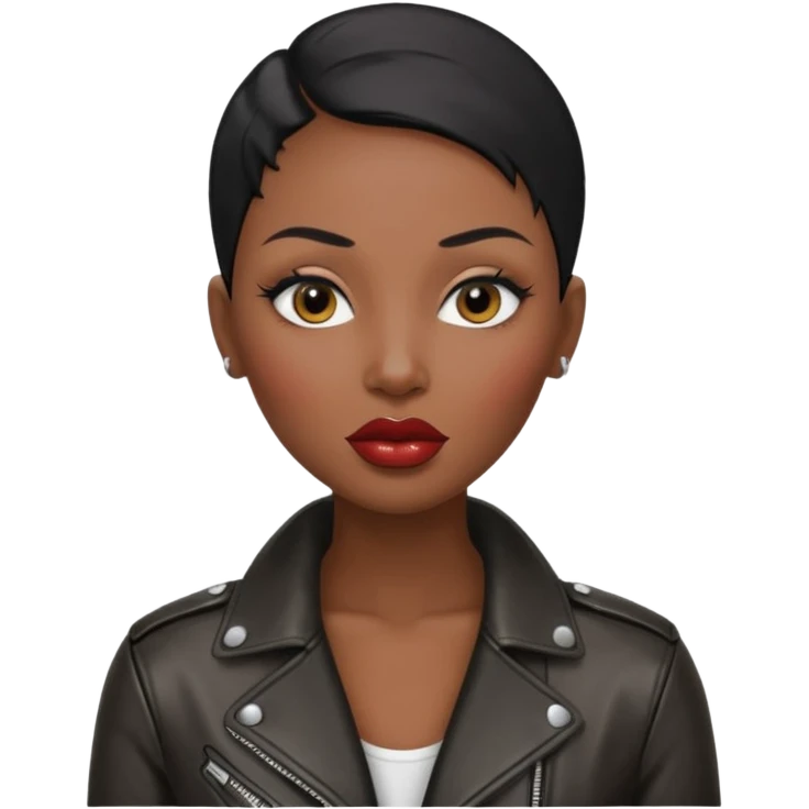 Gorgeous woman shiny black hair no eyebrows leather jacket Alluring black woman wide nose bald head big glossy lips emoji