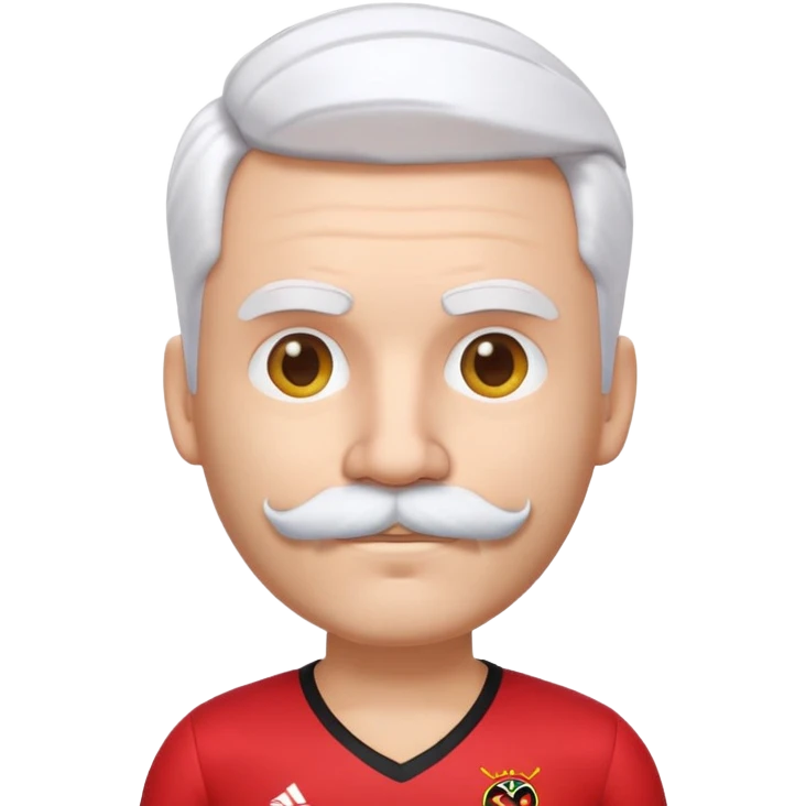 Personagem 3D estilo emoji, com cabelo branco, bigode e camisa do Flamengo. emoji