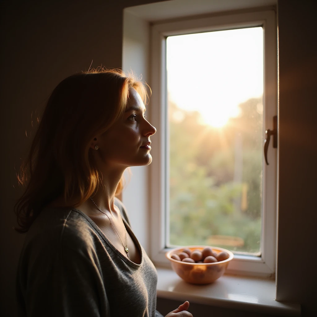 woman with PCOS looking towards a bright window, next to her symbolic representation of healthy mature oocytes, atmosphere of rebirth and optimism, realistic photography emoji