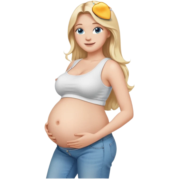 White girl, 18, long blonde hair, blue eyes, white crop top, jeans, huge pregnant belly, big boobs, side view, skinny, bare midriff, smiling emoji