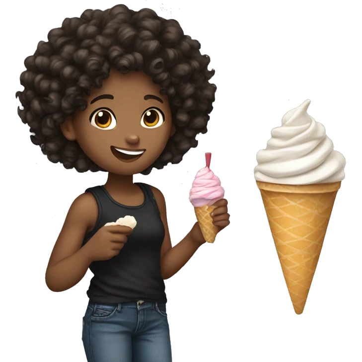A 13 year old girl dark brown hair (curly), wearing a black tank top and jeans, eating an icecream emoji