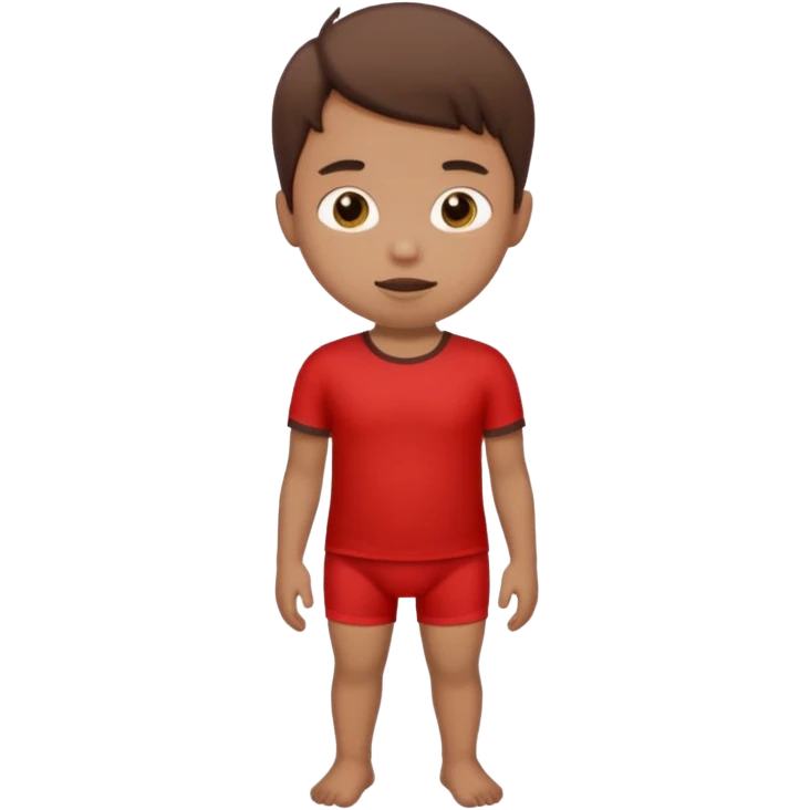 A kid wearing a poopy underwear with a red t-shirt emoji