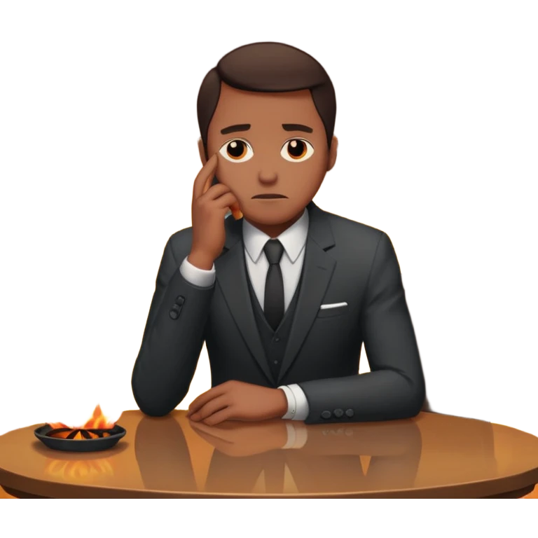 apple style emoji of a man sitting at a table, looking sad, house on fire behind emoji