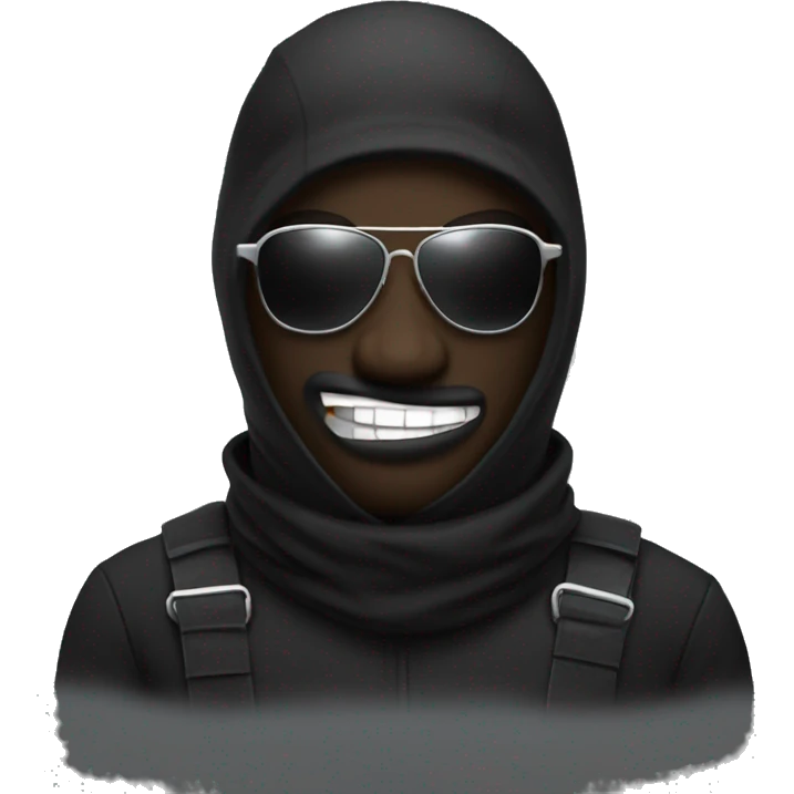 kan ye with a black balaclava in wooll, black sunglasses and silver grillz on teeth emoji