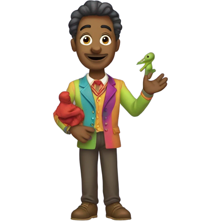a puppeteer holding a puppet similar to him emoji