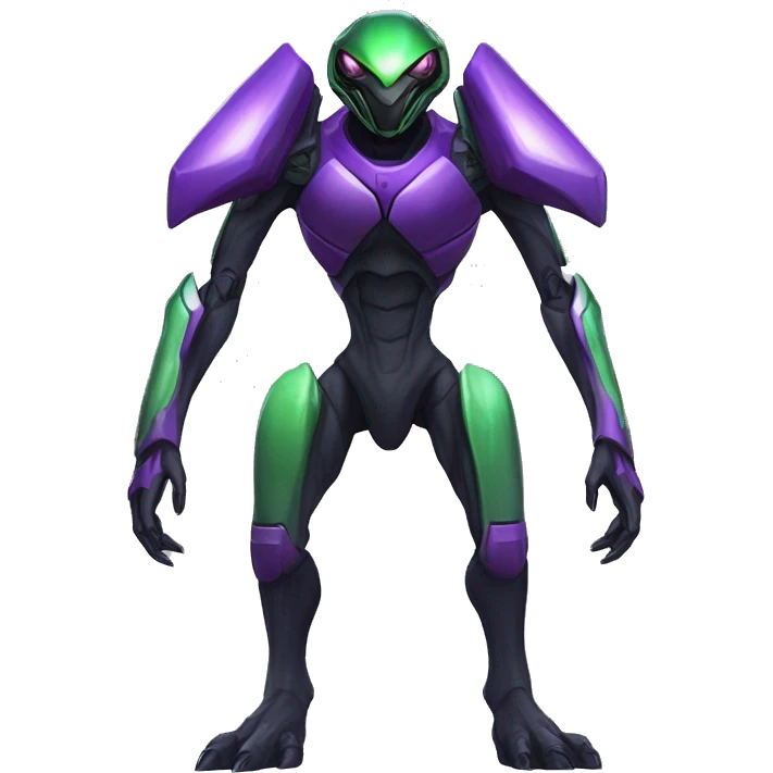 a shiny black-purple-green Genesect-Raptor-Fakémon—hybrid with a futuristic visor-helmet full body emoji