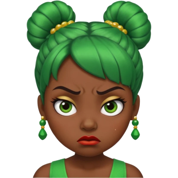 Create a 3D cartoon-style girl character with dark skin, round face, angry expression, big wide eyes, and tightly styled double buns made of green beaded hair. The girl should look irritated, eyebrows sharply angled, and lips pressed in a frown. emoji