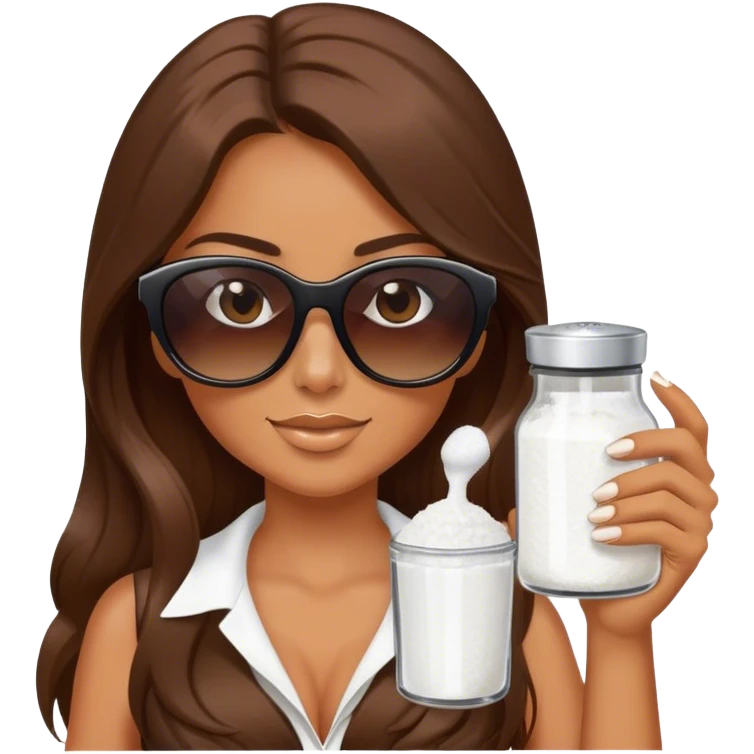 woman with long brown hair and sunglasses holding a salt shaker emoji