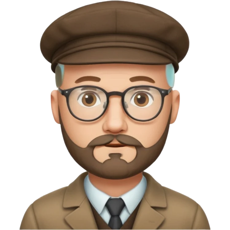40's white male, bald with short full beard (salt and pepper color brown) with professor glasses and flat cap emoji
