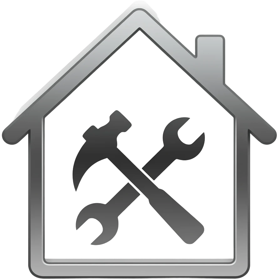 Minimal icon combining tools (hammer, wrench) inside a house shape, representing full scope construction and finishing. Simple, clean, flat, monochrome, modern UI style. emoji
