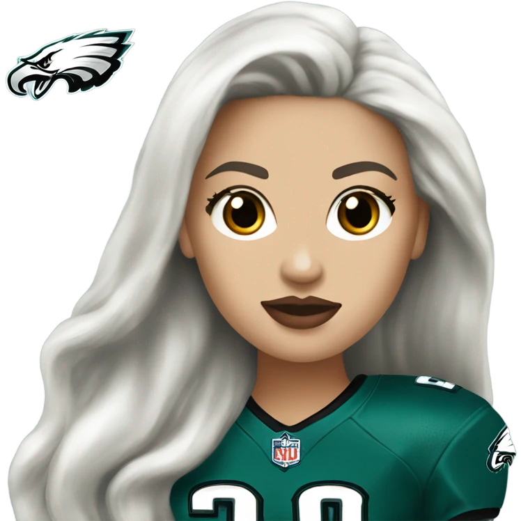 White female long dark hair red lips wearing Philadelphia Eagles jersey emoji