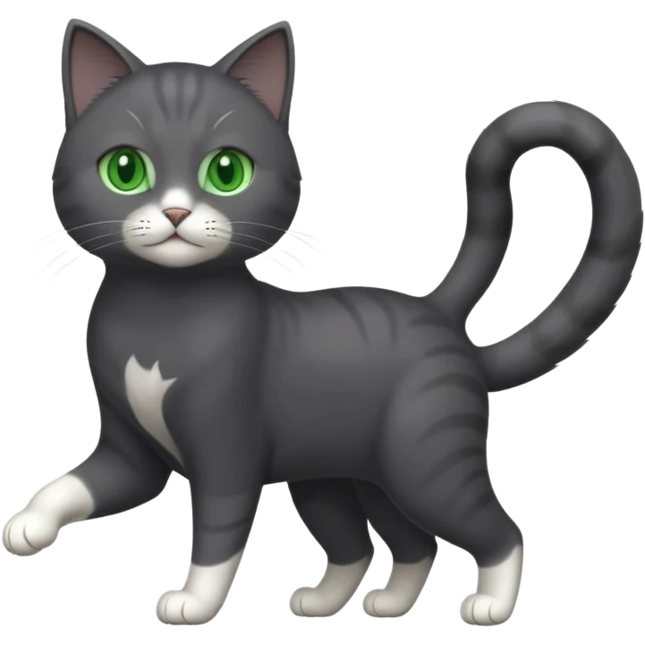 full body gorgeous solid dark grey cat with green eyes, white paws and white whiskers playing emoji