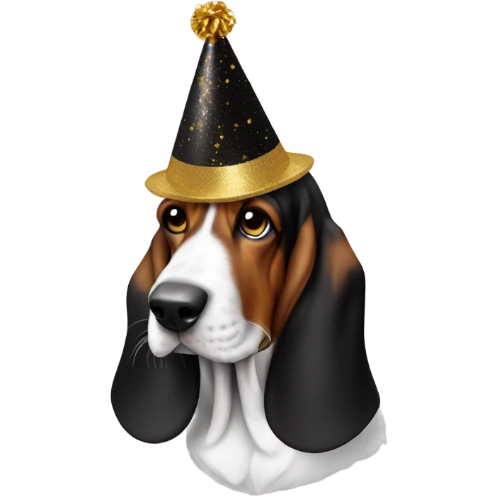 Basset hound with black and gold party hat emoji