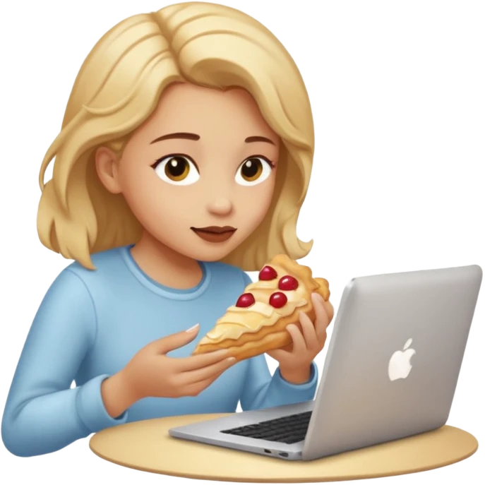 a girl looking in her computer a pastrie with good food  emoji