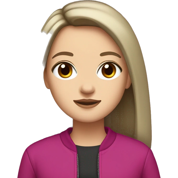 white girl with brown eyes, long straight dark brown hair, curtain bangs, and a magenta jacket emoji