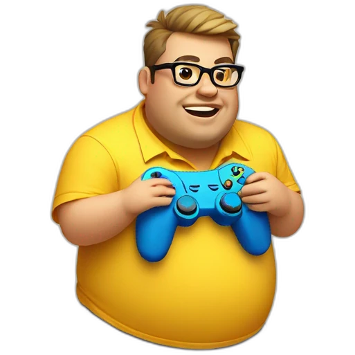 fat guy wearing a yellow hawaii shirt with rectangular glasses playing video games emoji