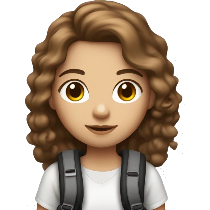 A photographer girl, Brown eyes, soft curl long brown hair, White skin, with a câmera and a backpack emoji