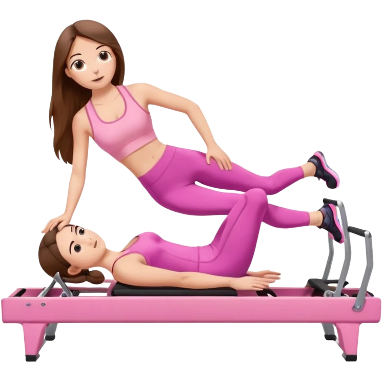 long brown hair girl doing a plank on a pilates reformer in a pink workout set emoji