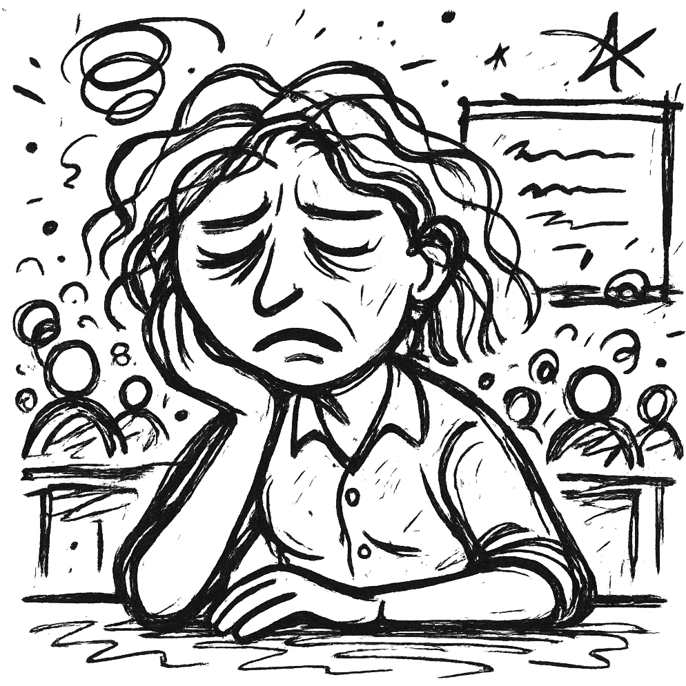 exhausted teacher in a bustling classroom emoji
