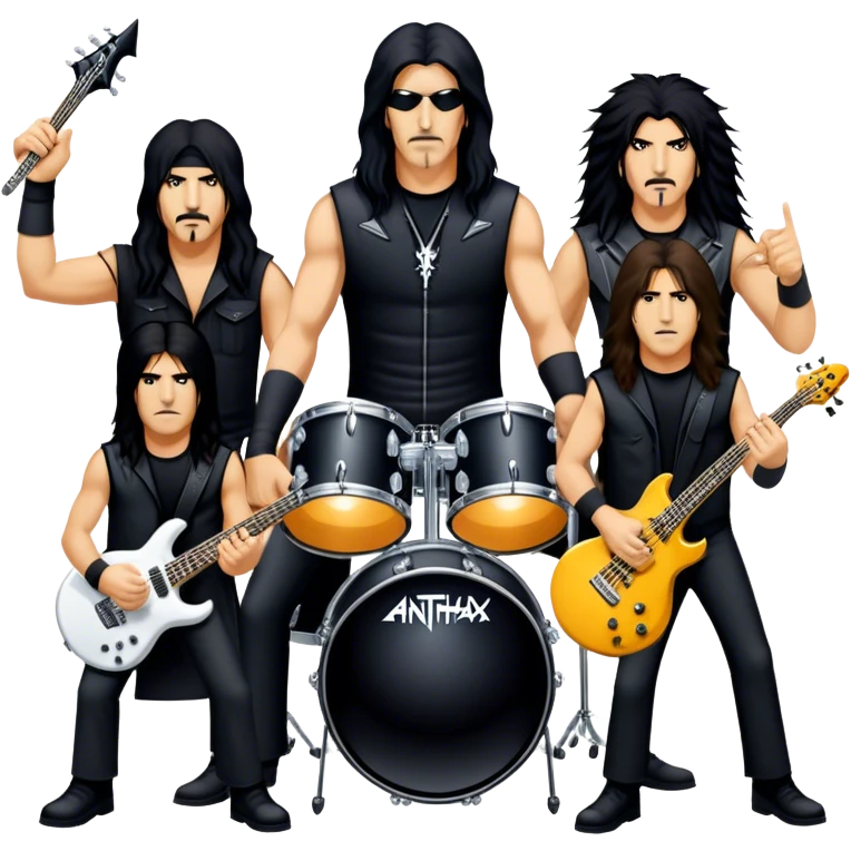 Icon for Heavy Metal: Anthrax live concert with Charlie Benante on drums, Joey Belladonna on vocals, Frank Bello on bass, Jonathan Donais and Scott Ian on guitars. The intense energy of the band is captured with instruments and stage lighting. Transparent background. emoji